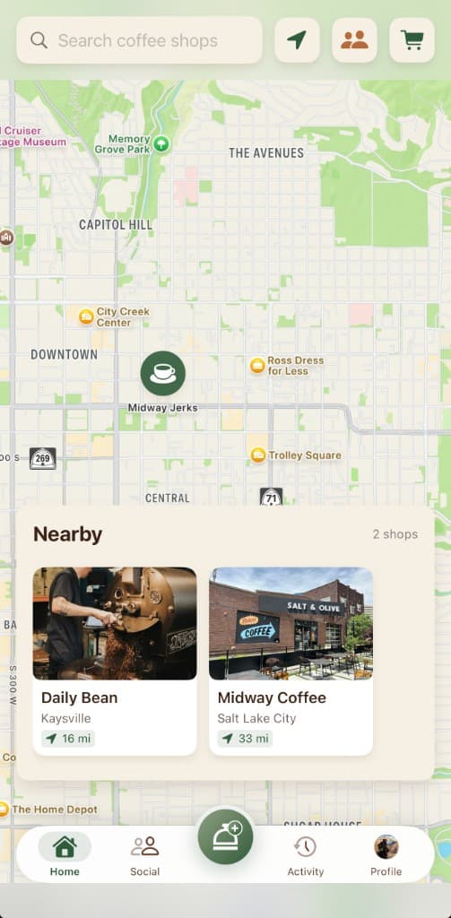 OrderFor discovery map of nearby coffee shops in Salt Lake City