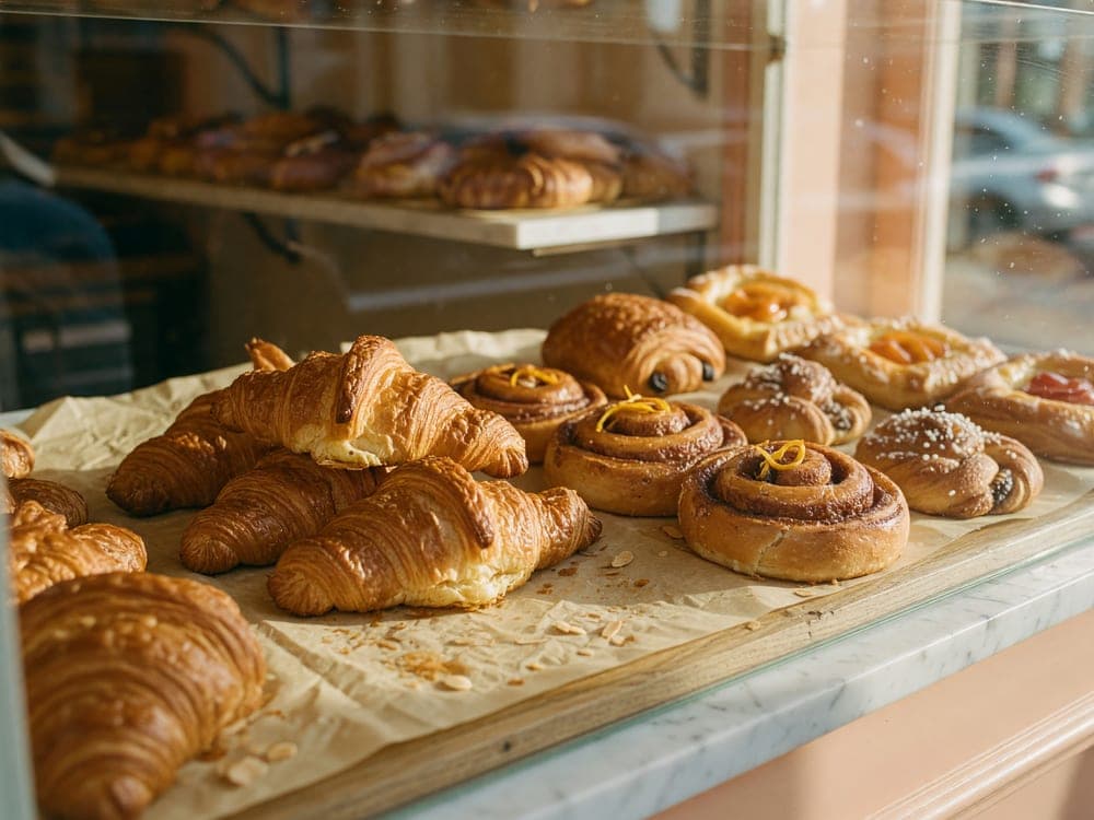 Fresh croissants and morning buns in a bakery case