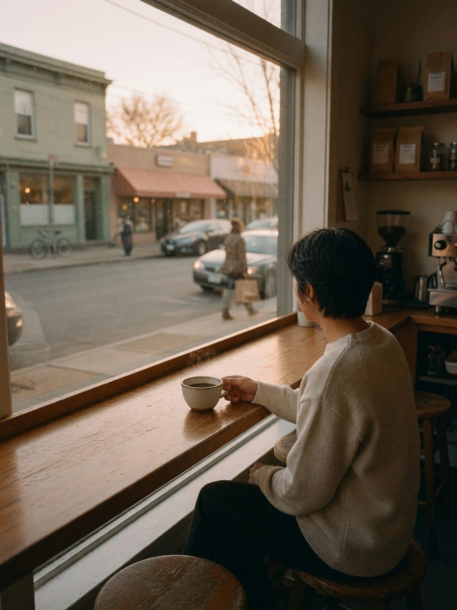 A regular at their window seat, coffee in hand, watching the street