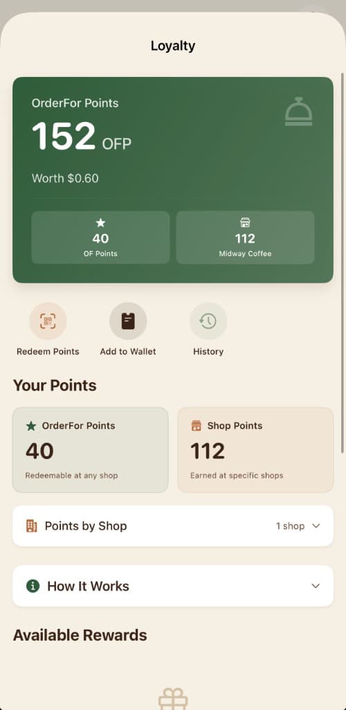 OrderFor loyalty and points screen showing 152 OFP