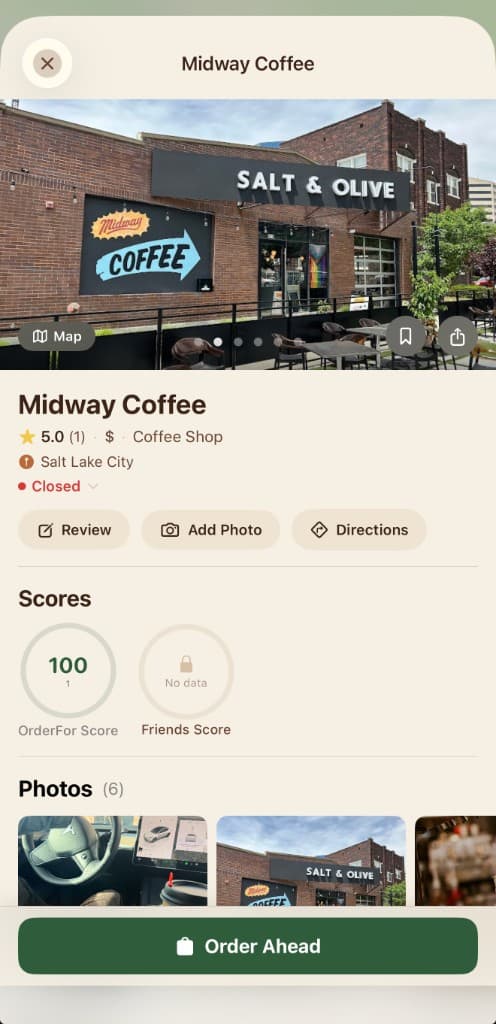 Midway Coffee venue detail with ratings, photos, and Order Ahead button