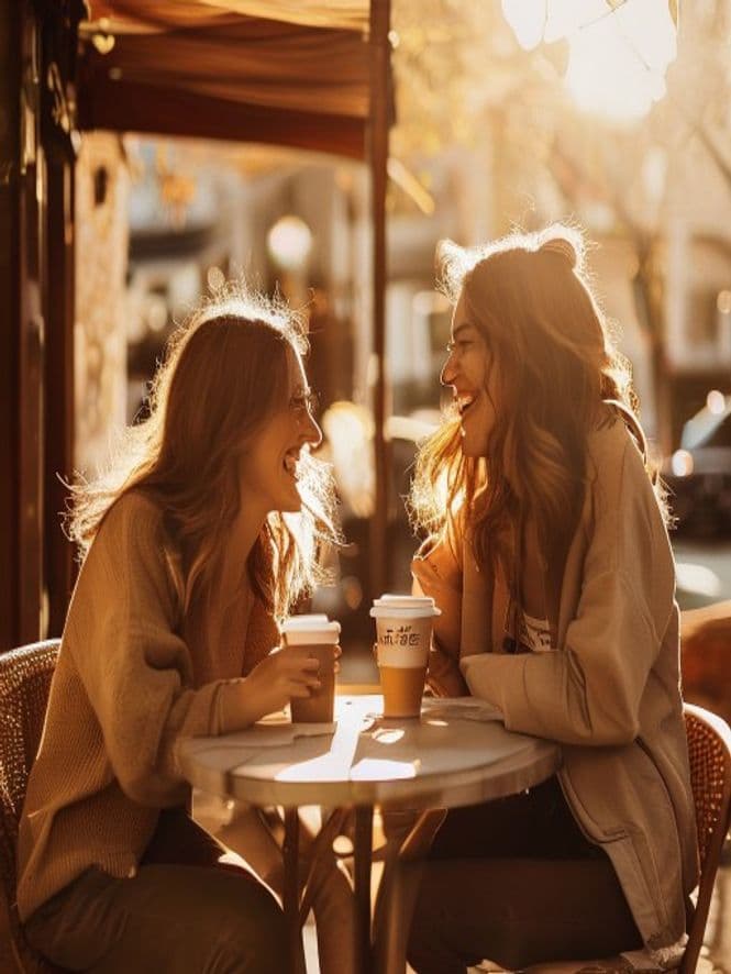 Friends enjoying coffee together at a neighborhood cafe